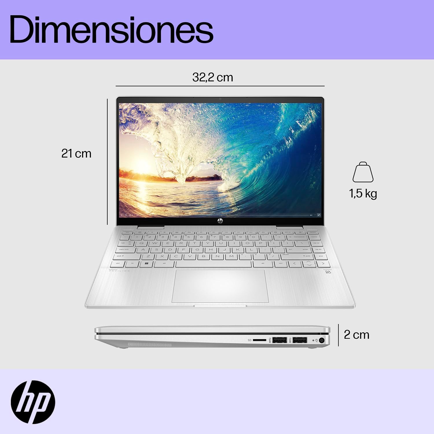 HP Laptop Pavilion x360 14-ek0010la, Intel Core i3, 8 GB RAM, 512 GB SSD, FHD, 14", Táctil, Windows 11 Home, Teclado en Español, Garantía México, Plateado
