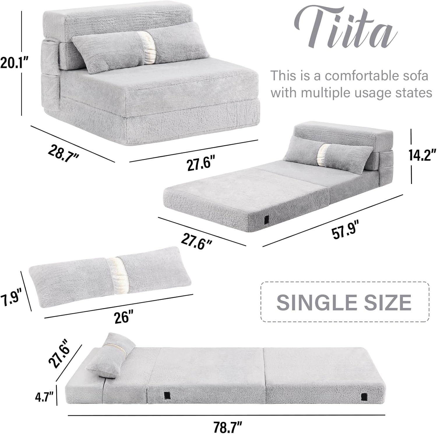 Tiita - Sillón de futón, tamaño individual, sofá cama plegable con almohada, colchón de piso y futón para sala de estar, recámara, uso de invitados, departamento