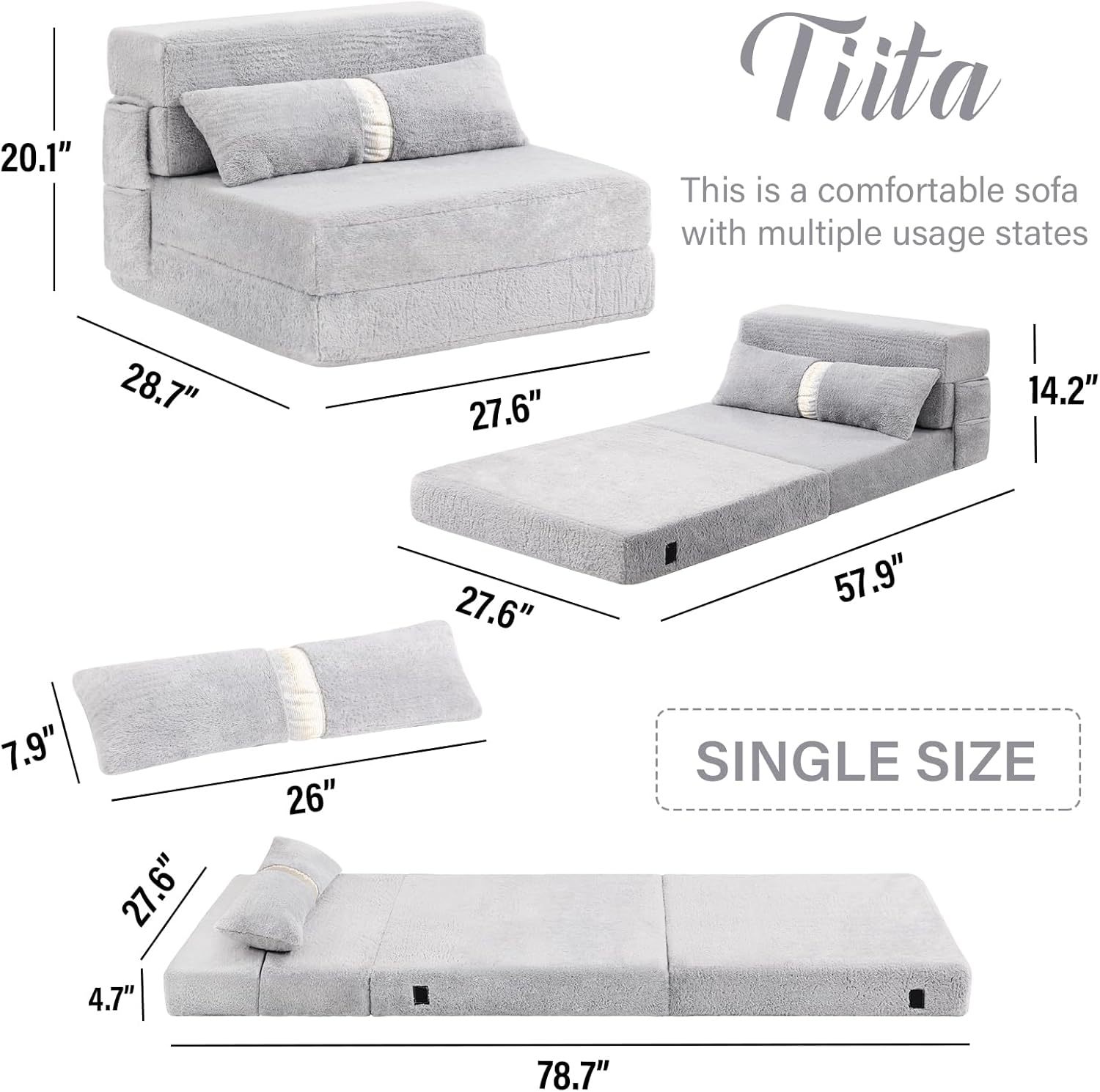 Tiita - Sillón de futón, tamaño individual, sofá cama plegable con almohada, colchón de piso y futón para sala de estar, recámara, uso de invitados, departamento