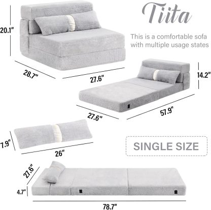 Tiita - Sillón de futón, tamaño individual, sofá cama plegable con almohada, colchón de piso y futón para sala de estar, recámara, uso de invitados, departamento