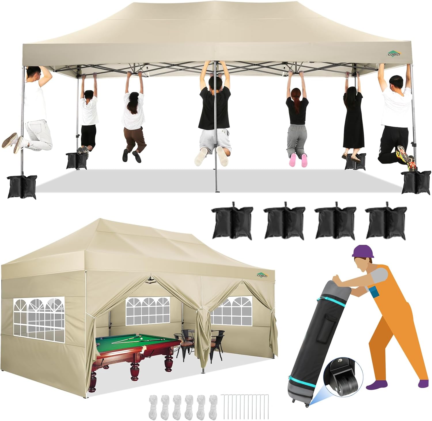 COBIZI - Toldo desplegable de 10 x 20 Pulgadas con 6 Paredes Laterales, toldo Impermeable para Eventos al Aire última intervensión, UPF 50+ cenador portátil para Fiestas, Playa, Camping, Boda,
