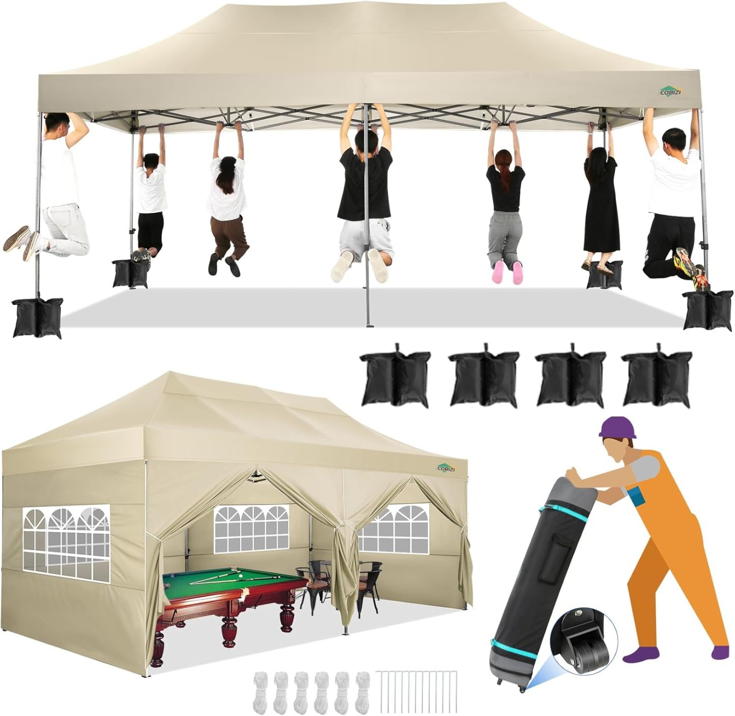 COBIZI - Toldo desplegable de 10 x 20 Pulgadas con 6 Paredes Laterales, toldo Impermeable para Eventos al Aire última intervensión, UPF 50+ cenador portátil para Fiestas, Playa, Camping, Boda,