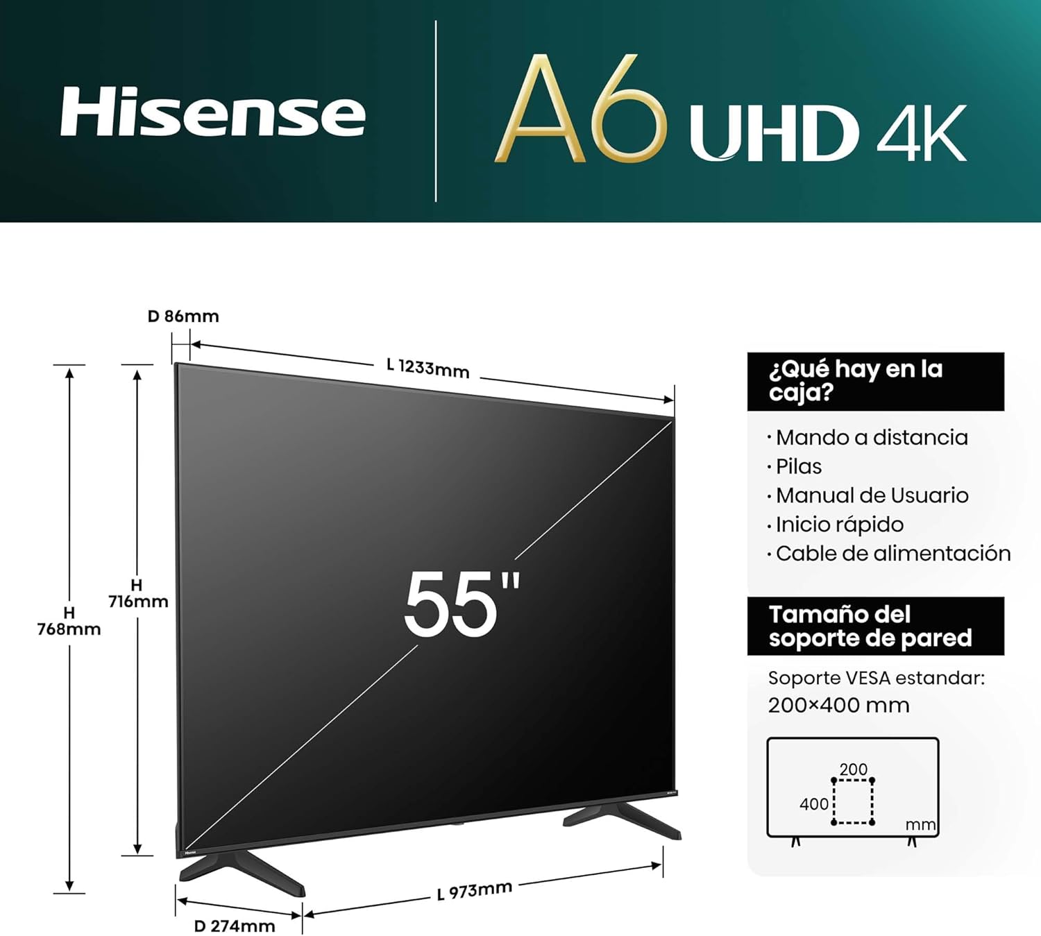 Hisense Pantalla UHD 4K de 43" 43A6NV, VIDAA Smart TV, 43 Pulgadas, Dolby Vision, Modo Juego Plus, DTS Virtual X, Control por Voz televisor, Doble Control de Volumen, (Nuevo 2024)