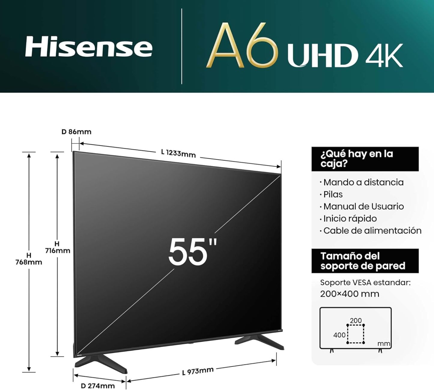 Hisense Pantalla UHD 4K de 43" 43A6NV, VIDAA Smart TV, 43 Pulgadas, Dolby Vision, Modo Juego Plus, DTS Virtual X, Control por Voz televisor, Doble Control de Volumen, (Nuevo 2024)
