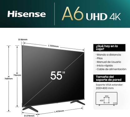 Hisense Pantalla UHD 4K de 43" 43A6NV, VIDAA Smart TV, 43 Pulgadas, Dolby Vision, Modo Juego Plus, DTS Virtual X, Control por Voz televisor, Doble Control de Volumen, (Nuevo 2024)