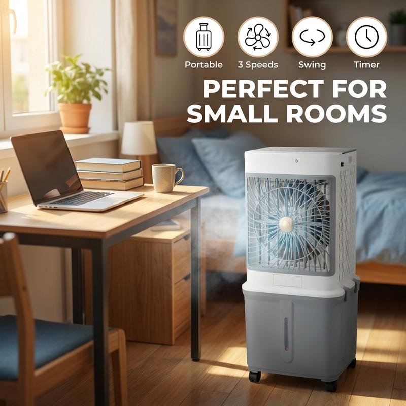 Portable Air Cooler Fan, 3-IN-1 Evaporative Tank Fan Swamp Cooler aire acondicionado portatil with Remote, 3 Modes 3 Speeds &12H Timer, 1.16/9.5Gal ,4 Ice Packs & 4 Wheels, 45° Oscillation, Quiet for Room Home Office