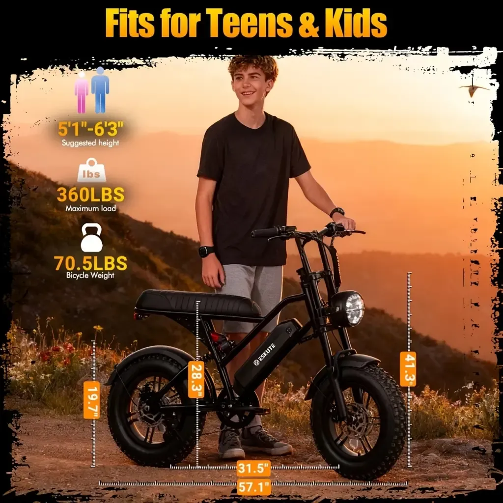 ⚡ESKUTE V100 Bicicleta Eléctrica para Adultos, Llantas Gruesas Fat‑Tire 16" Todoterreno, Motor Pico 1500W, Batería 48V 13Ah Larga Autonomía, Velocidad 45 km/h, Doble Suspensión, Ideal para Desplazamientos y Camping
