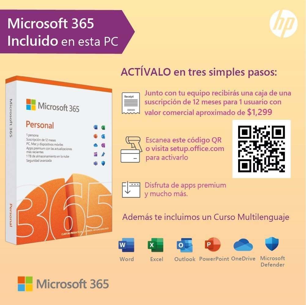 HP Laptop 15-fc0080la, AMD Ryzen 7, 16 GB, 512 GB SSD, 15.6, HD, Windows 11 Home, Teclado en Español, Garantía México, Plateado | Microsoft 365 Personal 12 Meses + Curso Multilenguajes