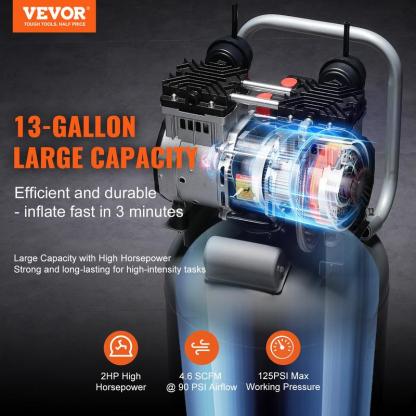 Compresor de aire VEVOR de 13 galones, 2 HP, 4.6 SCFM a 90 PSI, sin aceite, ultra silencioso (66 dB) para inflado de neumáticos, reparación de automóviles, clavado en carpintería y pintura con pistola (presión máx. de 125 PSI)