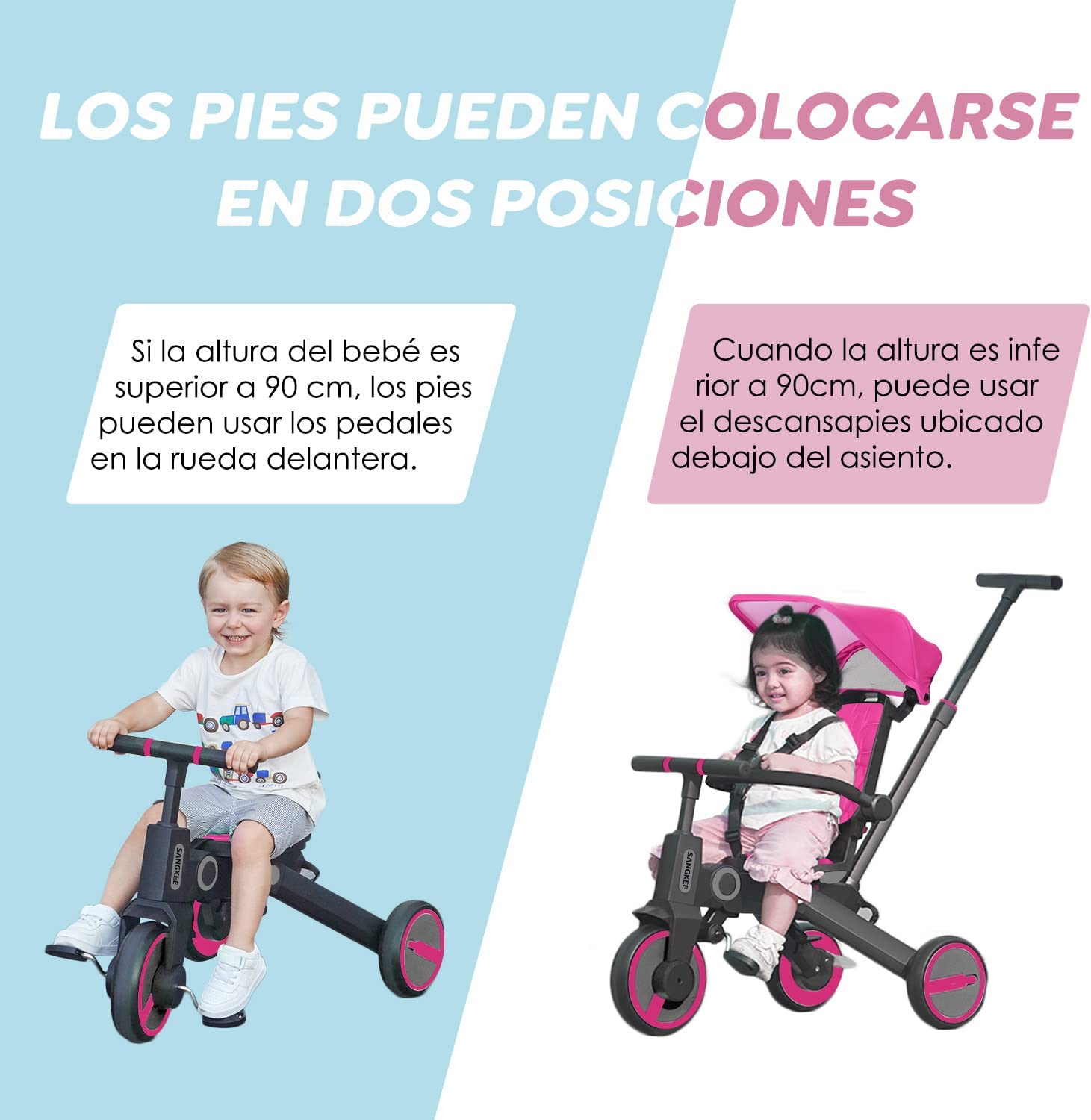 Triciclo de bebé 4 en 1, Bici polivalente, cochecito de dirección plegable, bicicleta de aprendizaje con barandilla desmontable, con toldo ajustable, arnés de seguridad, pedales plegable, freno, asa de empuje para padres, diseño de absorción de impactos,