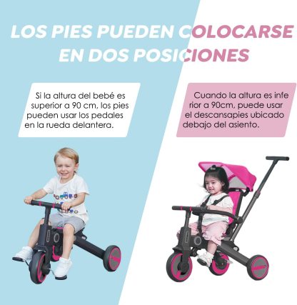 Triciclo de bebé 4 en 1, Bici polivalente, cochecito de dirección plegable, bicicleta de aprendizaje con barandilla desmontable, con toldo ajustable, arnés de seguridad, pedales plegable, freno, asa de empuje para padres, diseño de absorción de impactos,
