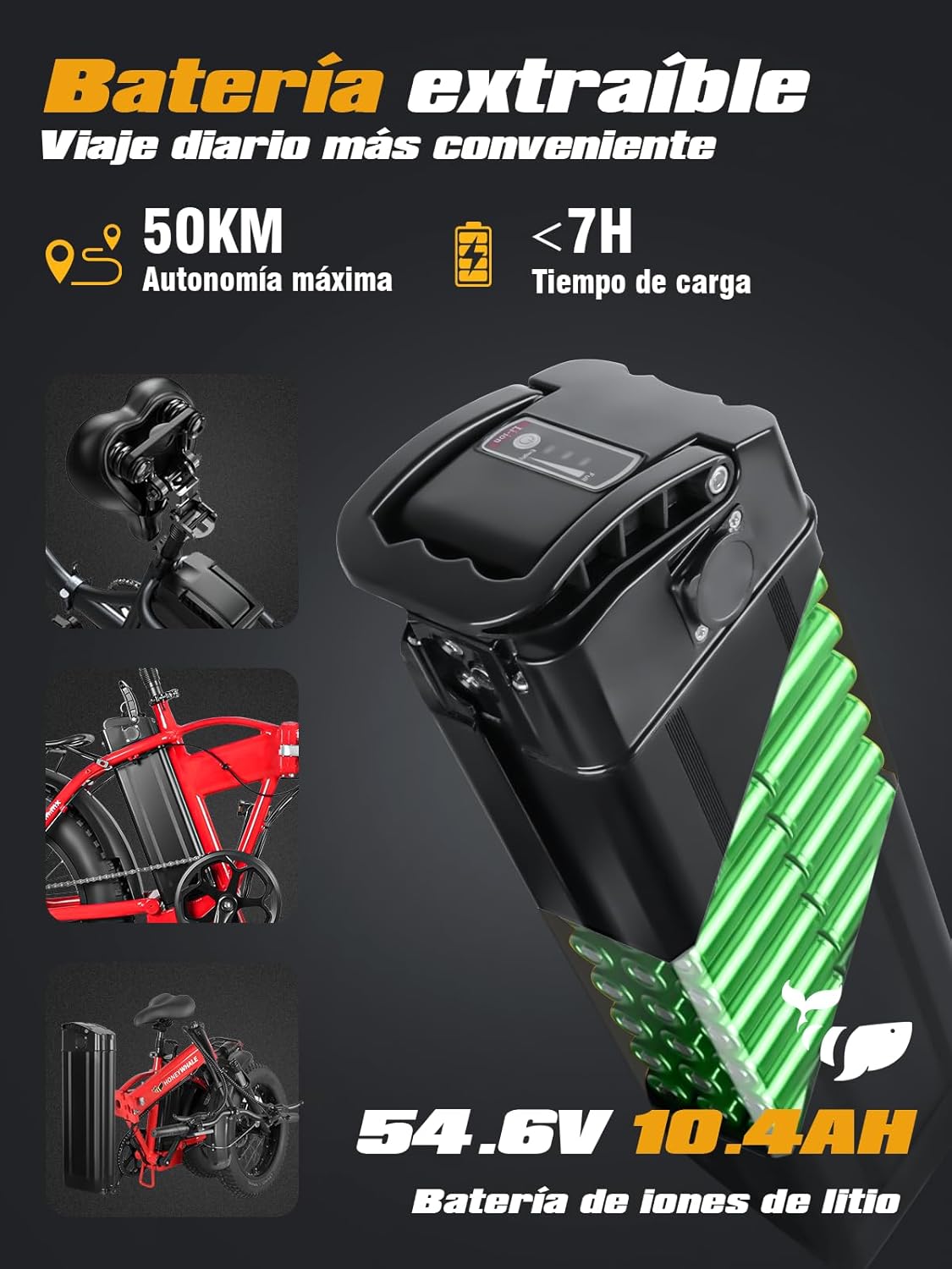 HONEYWHALE F6S Bicicleta Eléctrica Plegable para Adultos, Bicicleta de montaña de 7 Velocidades, Motor 900W-Max, Velocidad Máxima 45KM/H, Autonomía 50KM, Batería Extraíble (54.6V, 10.4AH)