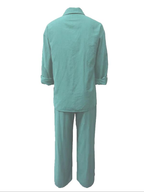 Women's Solid Color Shirt & Wide Leg Pants Set, Casual Fashion Cozy Breathable Two-piece Outfits for Daily Outdoor Wear, Women Clothes for Spring Fall