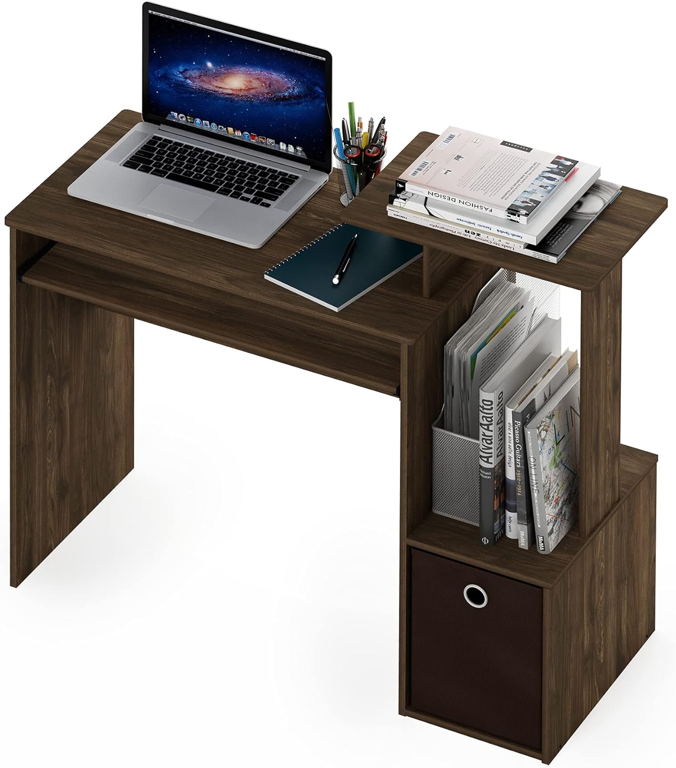 Furinno Econ Escritorio de escritura de computadora de oficina en casa multipropósito W/Bin, Blanco/Negro