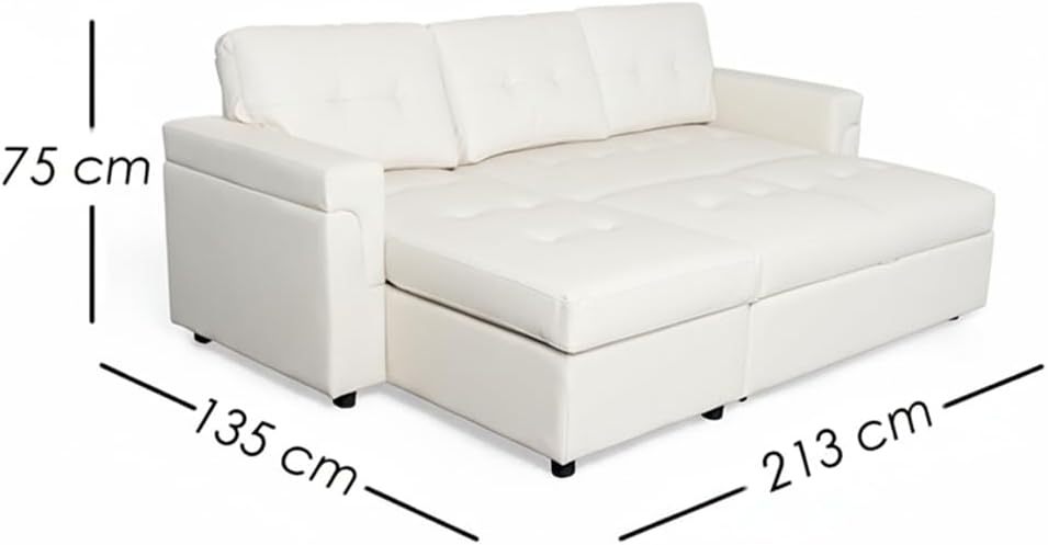 Ilios Innova | Sofá Cama Kairo de Cuero Sintético, Chaise Longue/Cama Extraíble, 3 Plazas, Estructura de Madera, Funcional y Moderno.