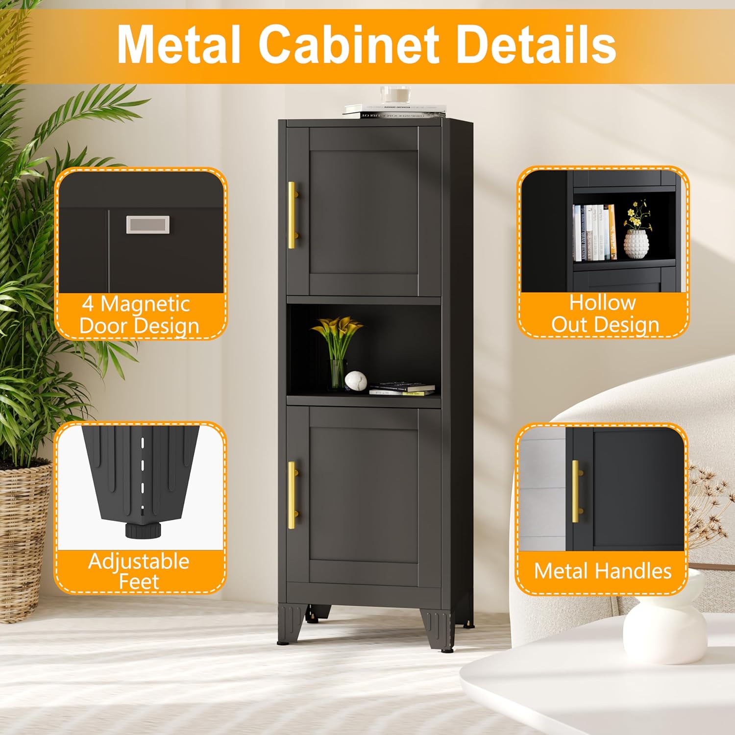 Ckzbx Gabinete de cocina de metal de 61 pulgadas de alto con 4 puertas, armarios de baño, 2 estantes ajustables para cocina, oficina en casa, sala de estar, comedor (negro)