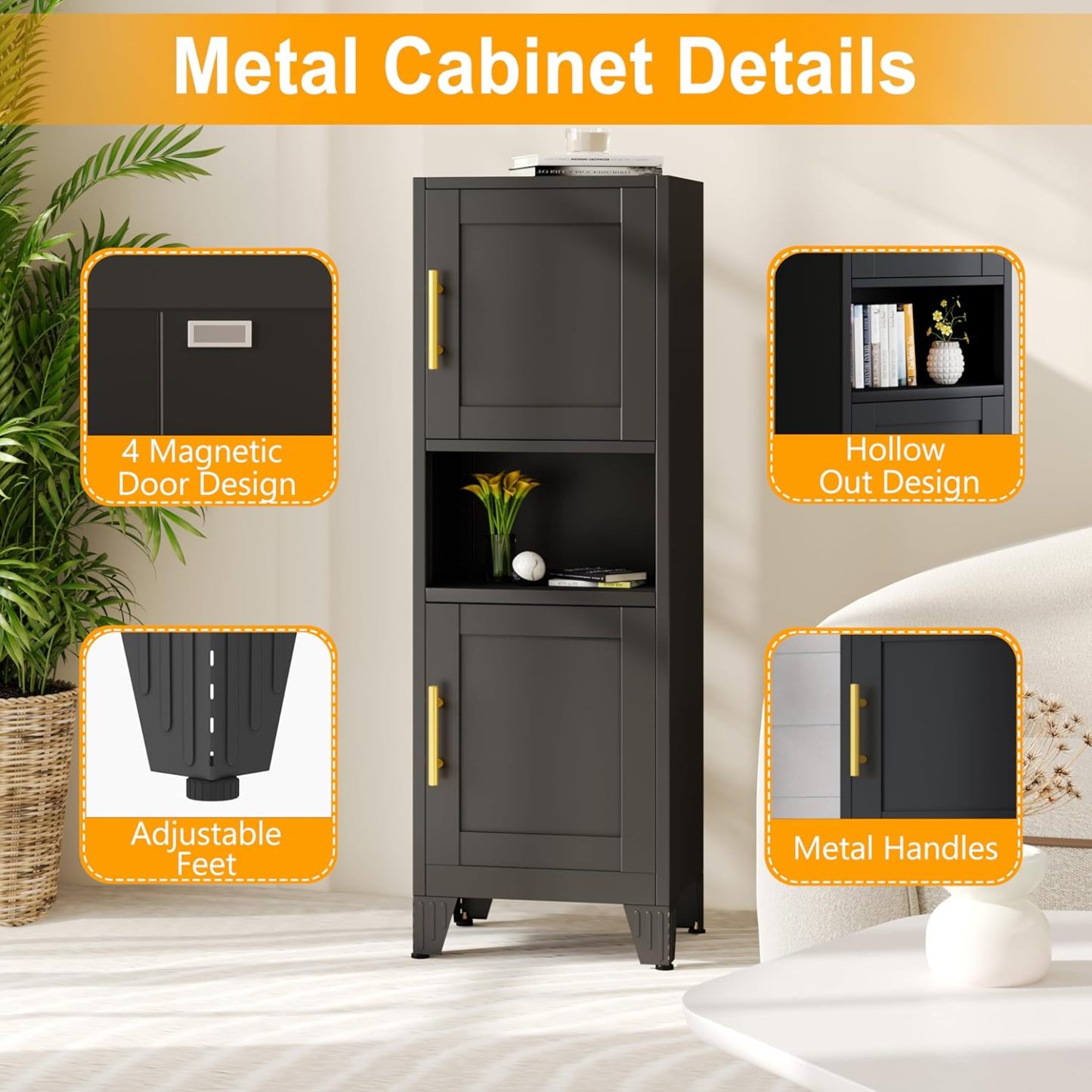 Ckzbx Gabinete de cocina de metal de 61 pulgadas de alto con 4 puertas, armarios de baño, 2 estantes ajustables para cocina, oficina en casa, sala de estar, comedor (negro)