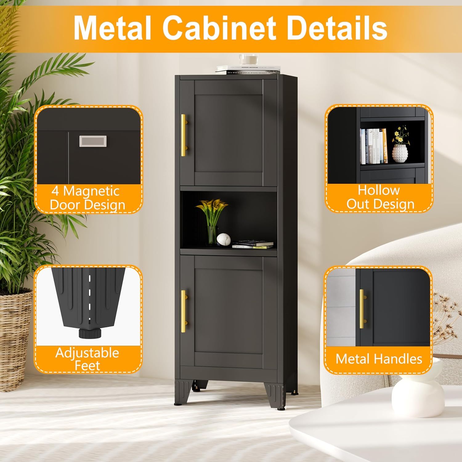 Ckzbx Gabinete de cocina de metal de 61 pulgadas de alto con 4 puertas, armarios de baño, 2 estantes ajustables para cocina, oficina en casa, sala de estar, comedor (negro)