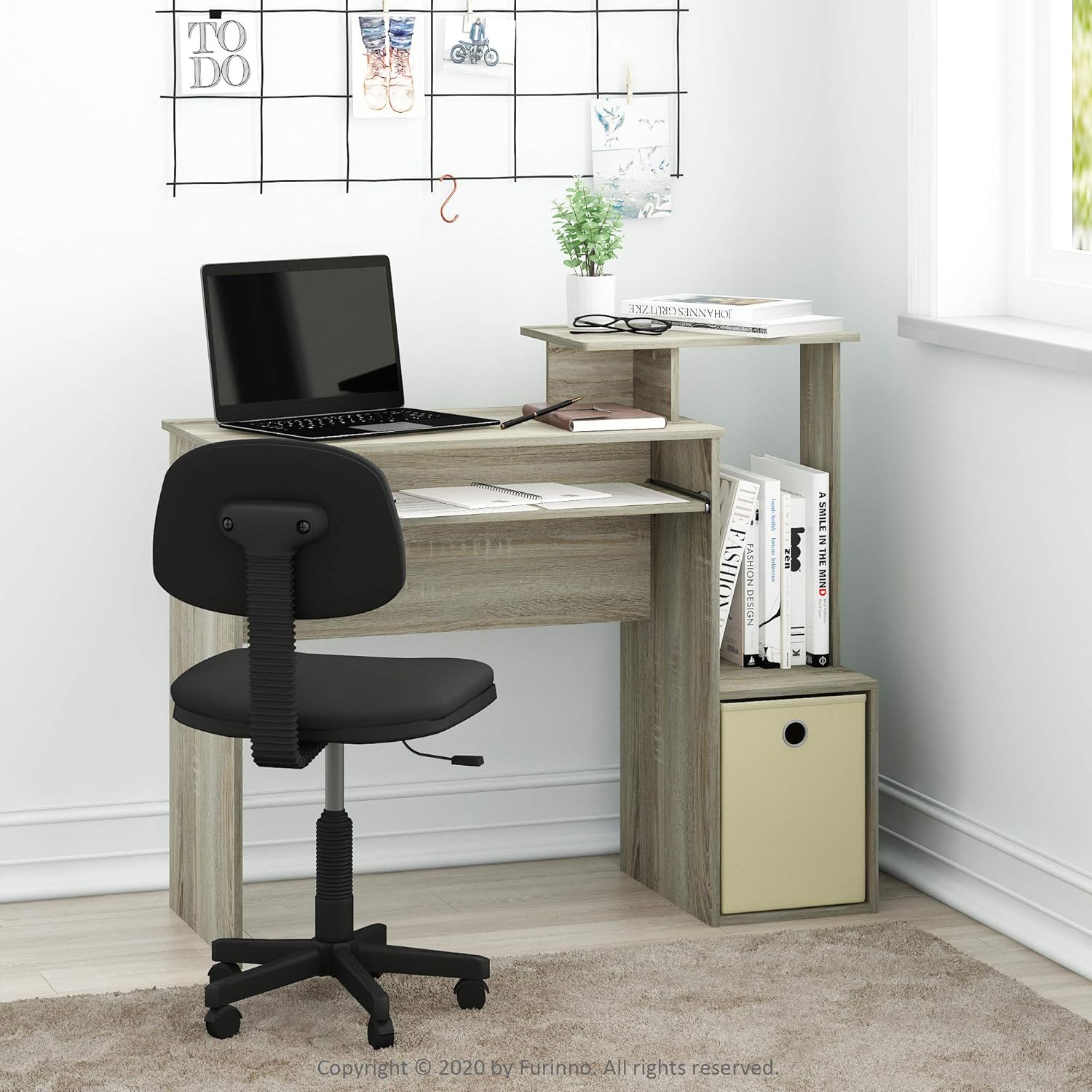 Furinno Econ Escritorio de escritura de computadora de oficina en casa multipropósito W/Bin, Blanco/Negro