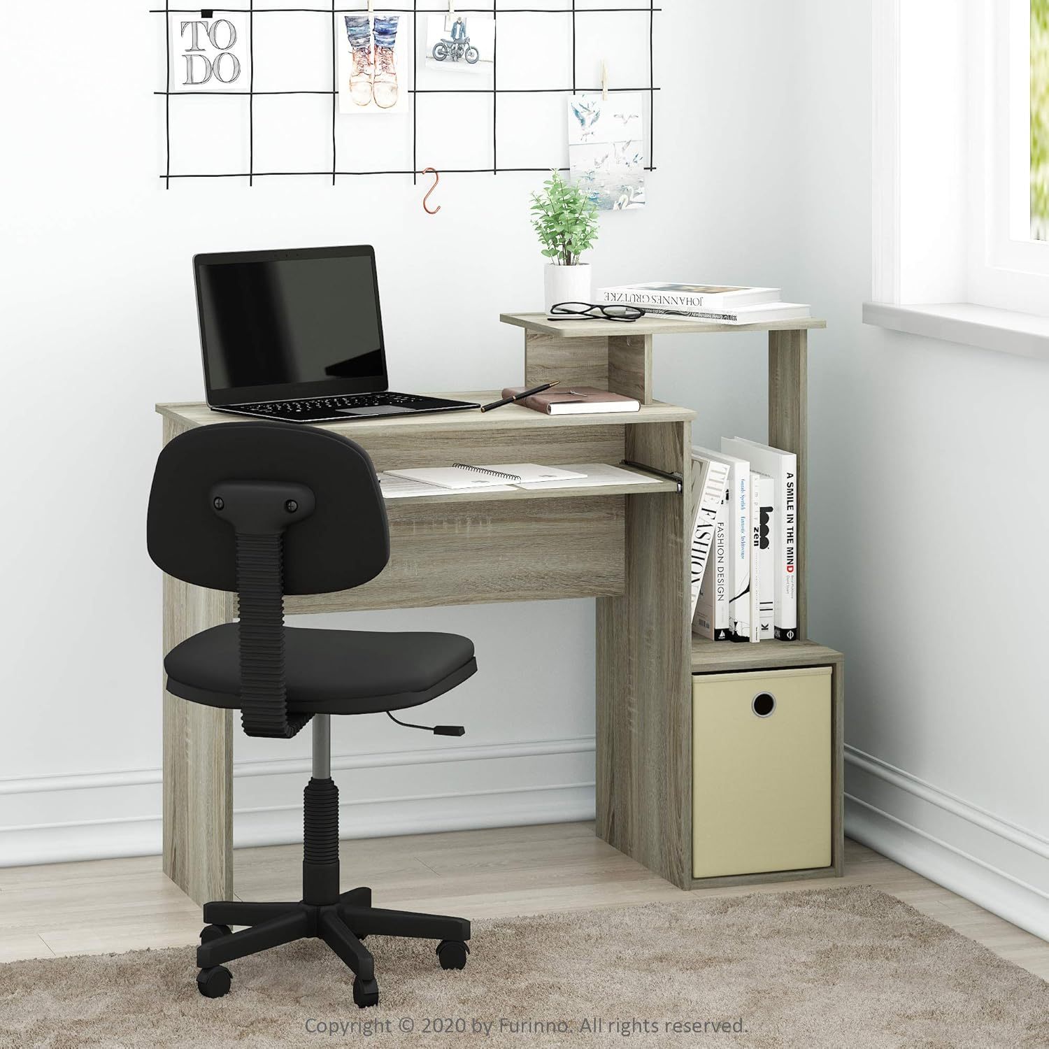 Furinno Econ Escritorio de escritura de computadora de oficina en casa multipropósito W/Bin, Blanco/Negro