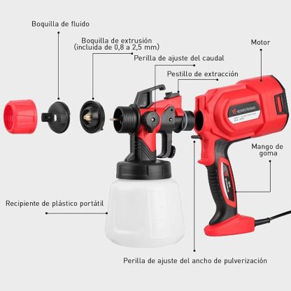 Pistola de Pintura, 800W Pistola para Pintar Eléctrica con Recipiente de 1400ml, Pulverizador de Pintura Multipropósito con 3 Modos de Pulverización y 4 Boquillas para Casas, Paredes, Muebles, Cercas