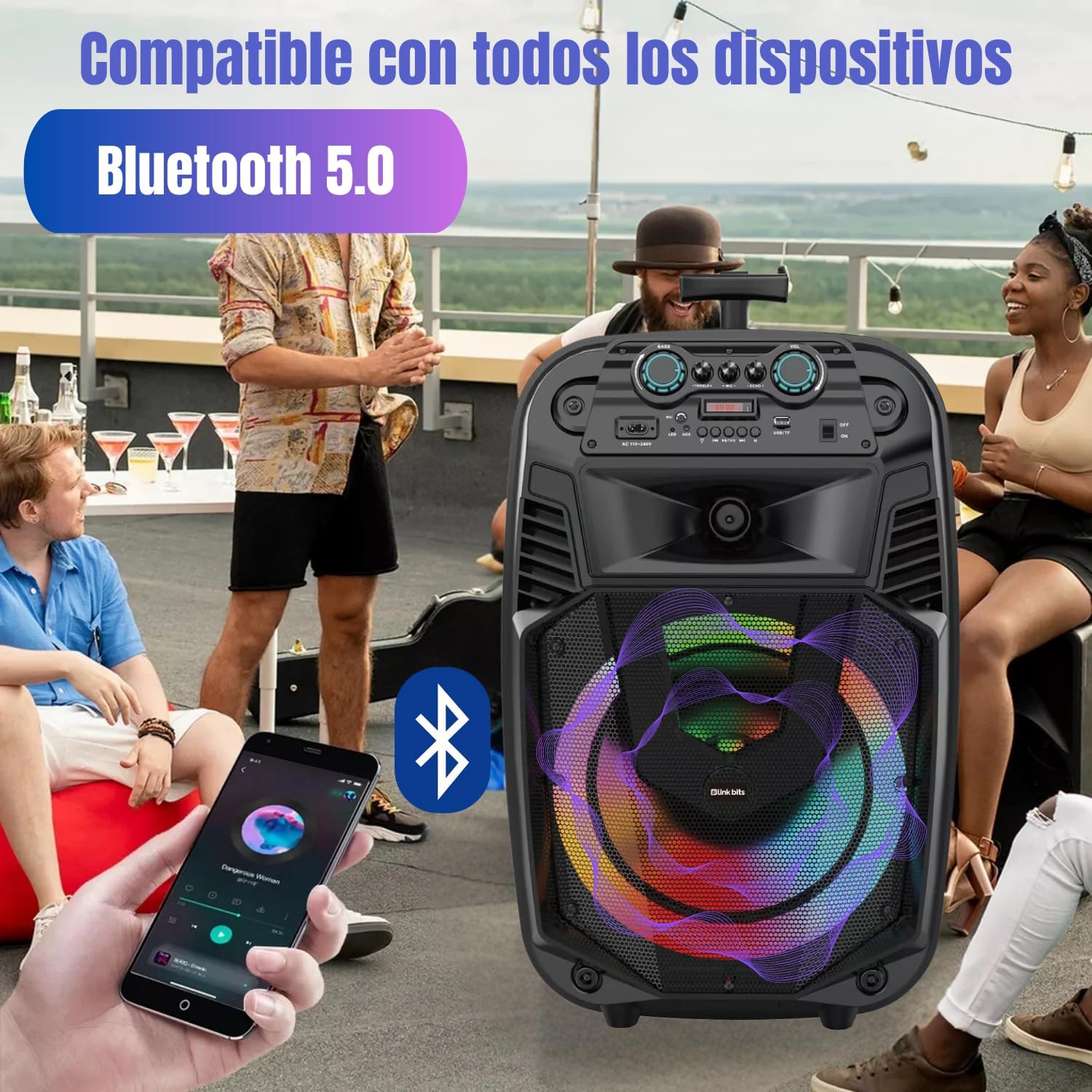 LINK BITS BM15013K Bocina Bluetooth Grande 15 Pulgadas, Recargable Altavoces Speaker Control y micrófono, bafle Super Buffer Karaoke para Fiesta con Luz Led