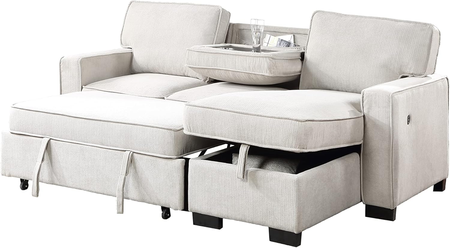 Lilola Home Estelle - Cama Reversible de Tela Beige de 86 Pulgadas, con Mesa desplegable de Almacenamiento para tumbonas, 2 portavasos y 2 Puertos USB