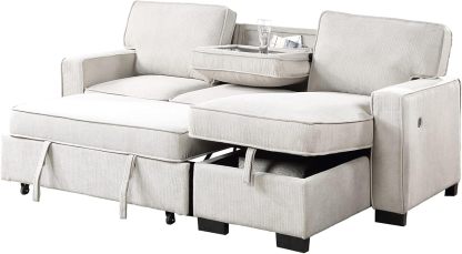 Lilola Home Estelle - Cama Reversible de Tela Beige de 86 Pulgadas, con Mesa desplegable de Almacenamiento para tumbonas, 2 portavasos y 2 Puertos USB