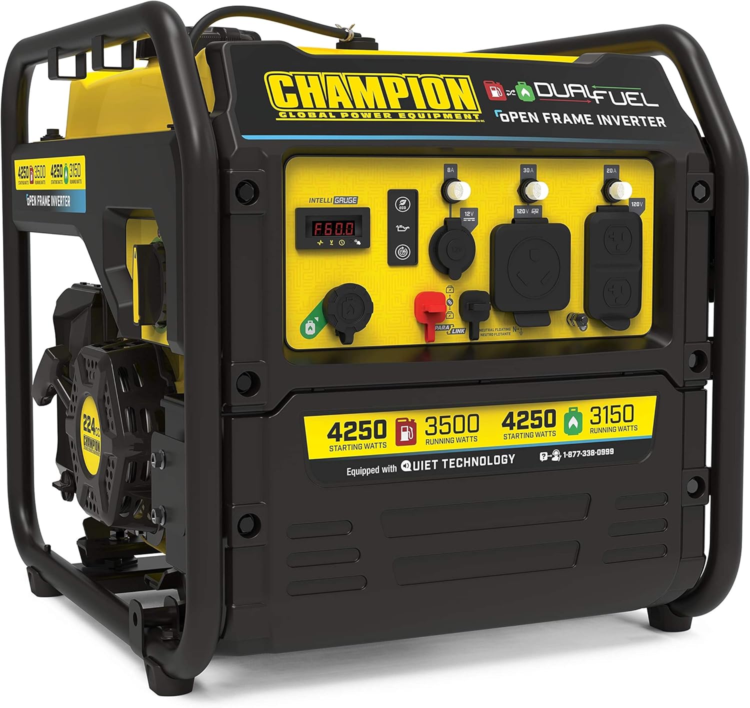 Champion Power Equipment 4250 W Dual Fuel RV Ready Portable Open Frame Inverter Generador con tecnología silenciosa