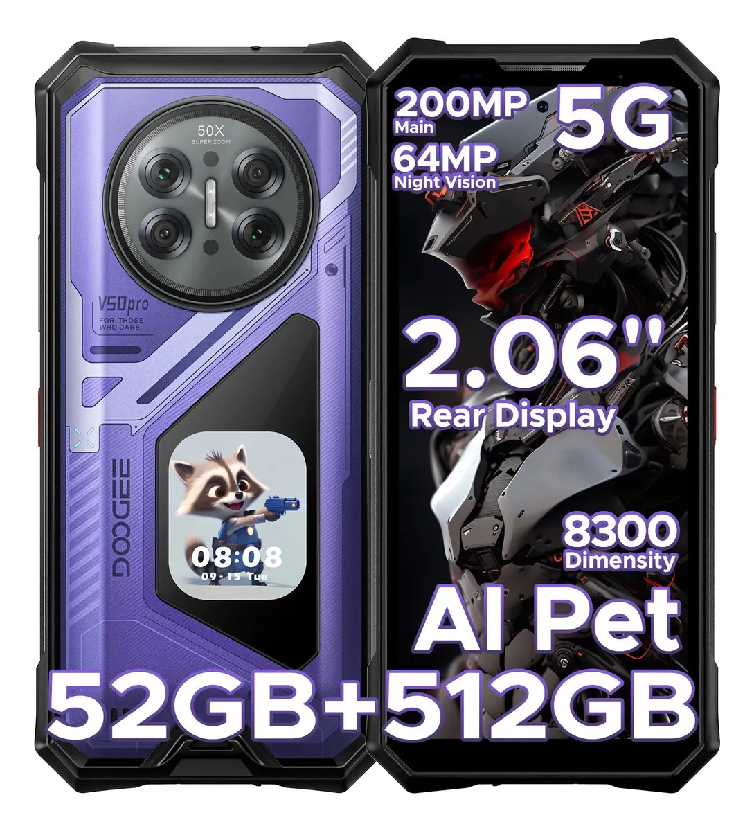 🛡️Doogee V50 Pro Celular Resistente 5G, Android16, RAM ampliable hasta 52GB + 512GB, Cámara AI 200MP, Batería 11000mAh, Pantalla Trasera AMOLED 2.06", IP68, NFC, Radio Walkie-talkie, Doble SIM