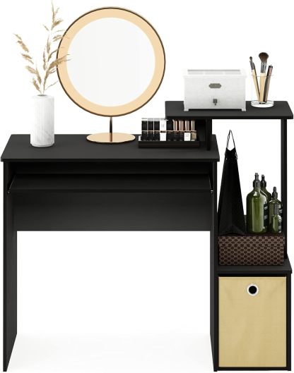Furinno Econ Escritorio de escritura de computadora de oficina en casa multipropósito W/Bin, Blanco/Negro