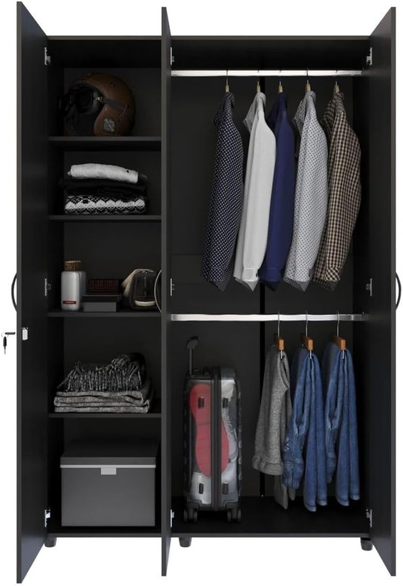 MADERKIT | Ropero Bilbao 120 cm Ancho | Tamaño Mediano | Color Wengue | 3 Puertas y Llave de Seguridad | Mueble Listo para armar | Estantes y Tubos para Colgar (Wengue)