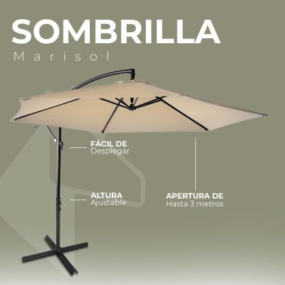 Sombrilla de Jardín Duralife | Sombrillla para Exterior con Brazo Lateral 3M Diámetro Altura Ajustable | Sombrilla de Poliester para Patio, Jardin, Terraza