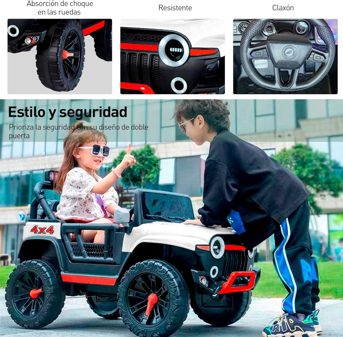 Bluelander Carro Electrico Tipo Jeep Montable Niño Niña, 69*61*105 Cm, Carro Electrico 5 KM/H, Carrito Montable Electrico Musical, Luz Led, Control Remoto, Puerto USB, MIC, Bateria Recargable (Rojo)
