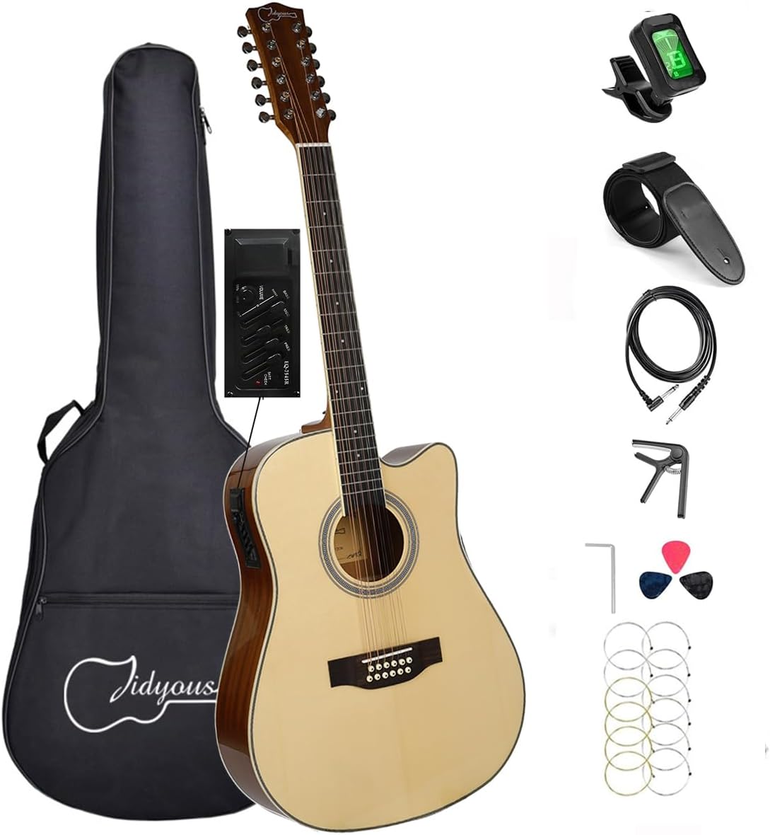 Jidyous-41 Inch,4/4,Guitarra Electroacústica 12 cuerdas,con Funda Acolchada, afinadores, Tirantes de guitarra,cuerdas, paletas, capó, adecuada para adultos jóvenes de nivel medio (Black)