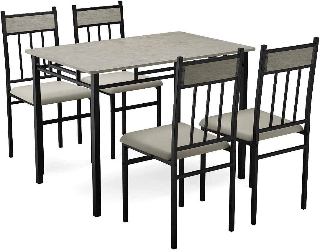 Juego de mesa de comedor de cocina de 5 piezas Tangkula, juego de mesa y sillas modernas que incluye 1 mesa rectangular y cuatro sillas de respaldo alto, marco de metal y asiento acolchado, tablero de mesa de mármol sintético (gris)