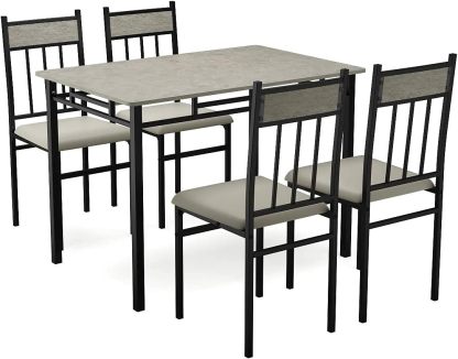 Juego de mesa de comedor de cocina de 5 piezas Tangkula, juego de mesa y sillas modernas que incluye 1 mesa rectangular y cuatro sillas de respaldo alto, marco de metal y asiento acolchado, tablero de mesa de mármol sintético (gris)