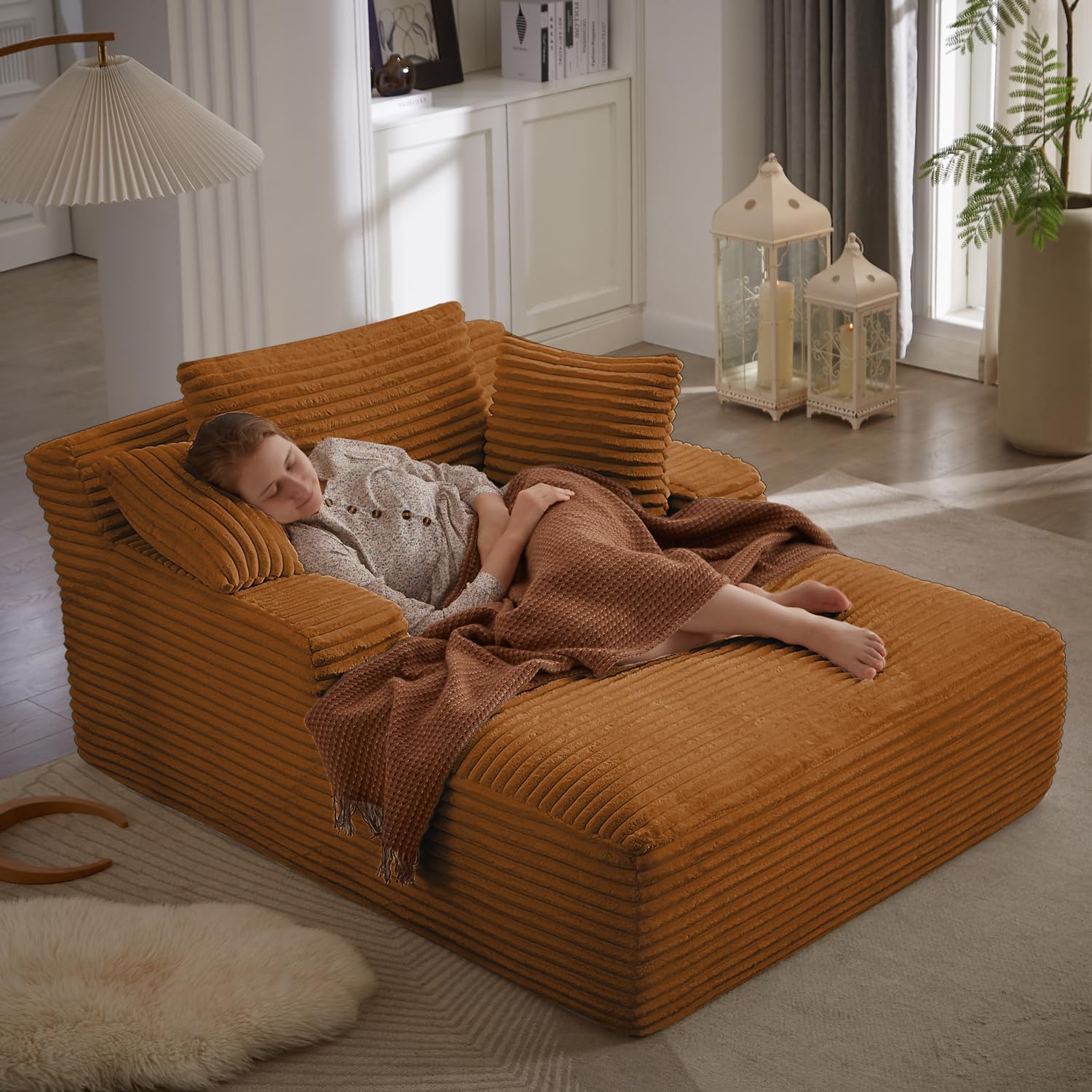 Ivoros - Chaise longue de 50 pulgadas para interior, sofá cama tapizado de pana de gran tamaño con asiento profundo, sillones de lectura, sofás tipo nube para sala de estar, no requiere montaje (beige