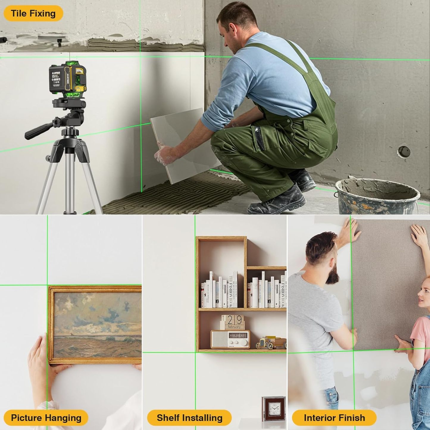 📐🎁Nivel Láser Alloyman 4D 16 Líneas Verdes, Autonivelante 4x360°, Incluye Trípode y 2 Baterías de Litio, para Azulejos, Colgar Cuadros y Reformas de Interiores, Excelente Regalo para Navidad y Año Nuevo