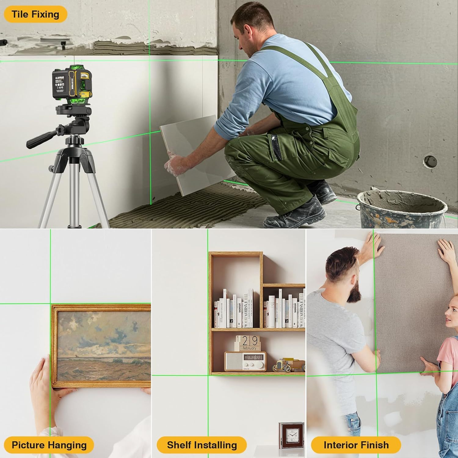📐🎁Nivel Láser Alloyman 4D 16 Líneas Verdes, Autonivelante 4x360°, Incluye Trípode y 2 Baterías de Litio, para Azulejos, Colgar Cuadros y Reformas de Interiores, Excelente Regalo para Navidad y Año Nuevo