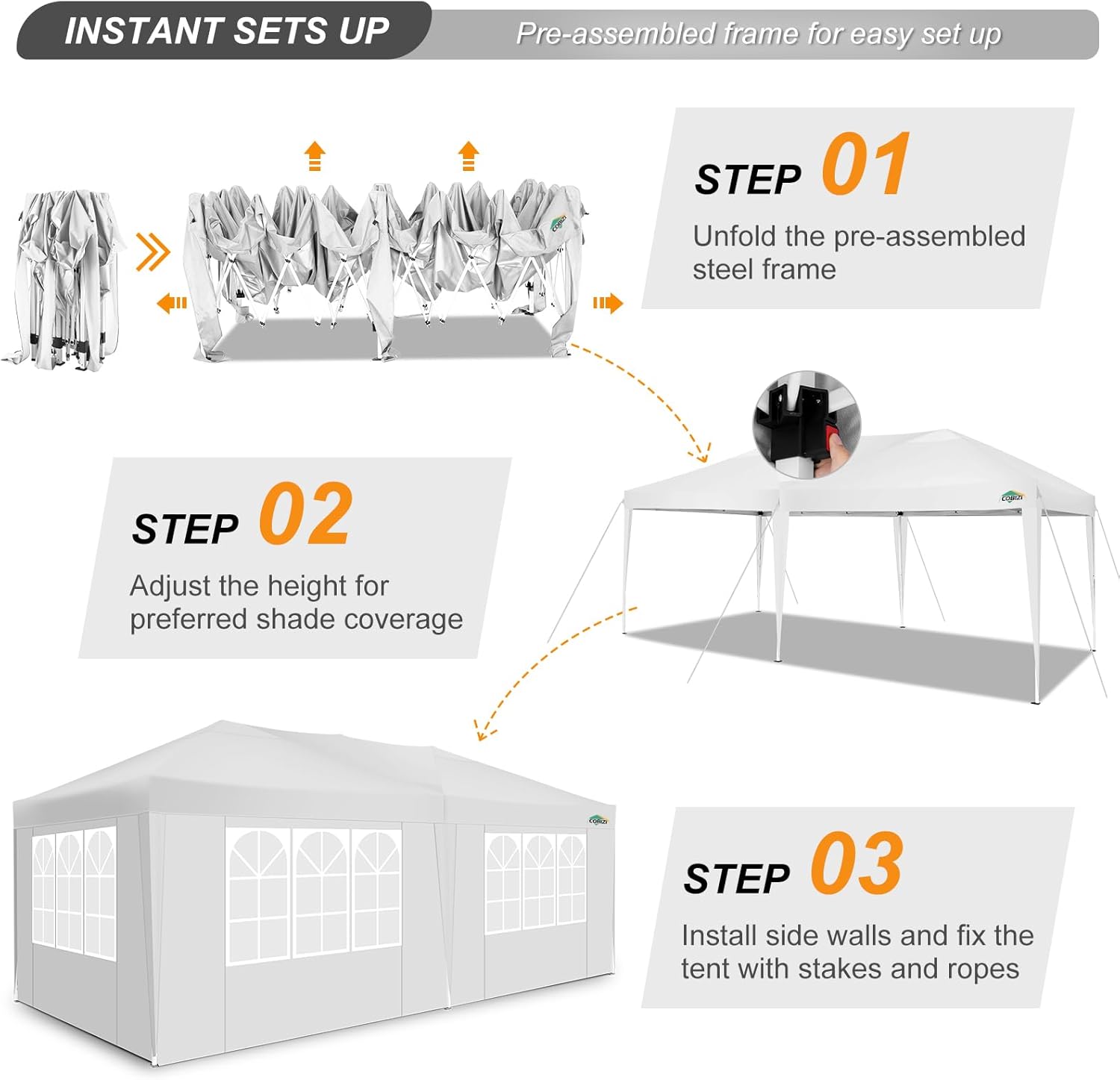 COBIZI - Toldo desplegable de 10 x 20 Pulgadas con 6 Paredes Laterales, toldo Impermeable para Eventos al Aire última intervensión, UPF 50+ cenador portátil para Fiestas, Playa, Camping, Boda,