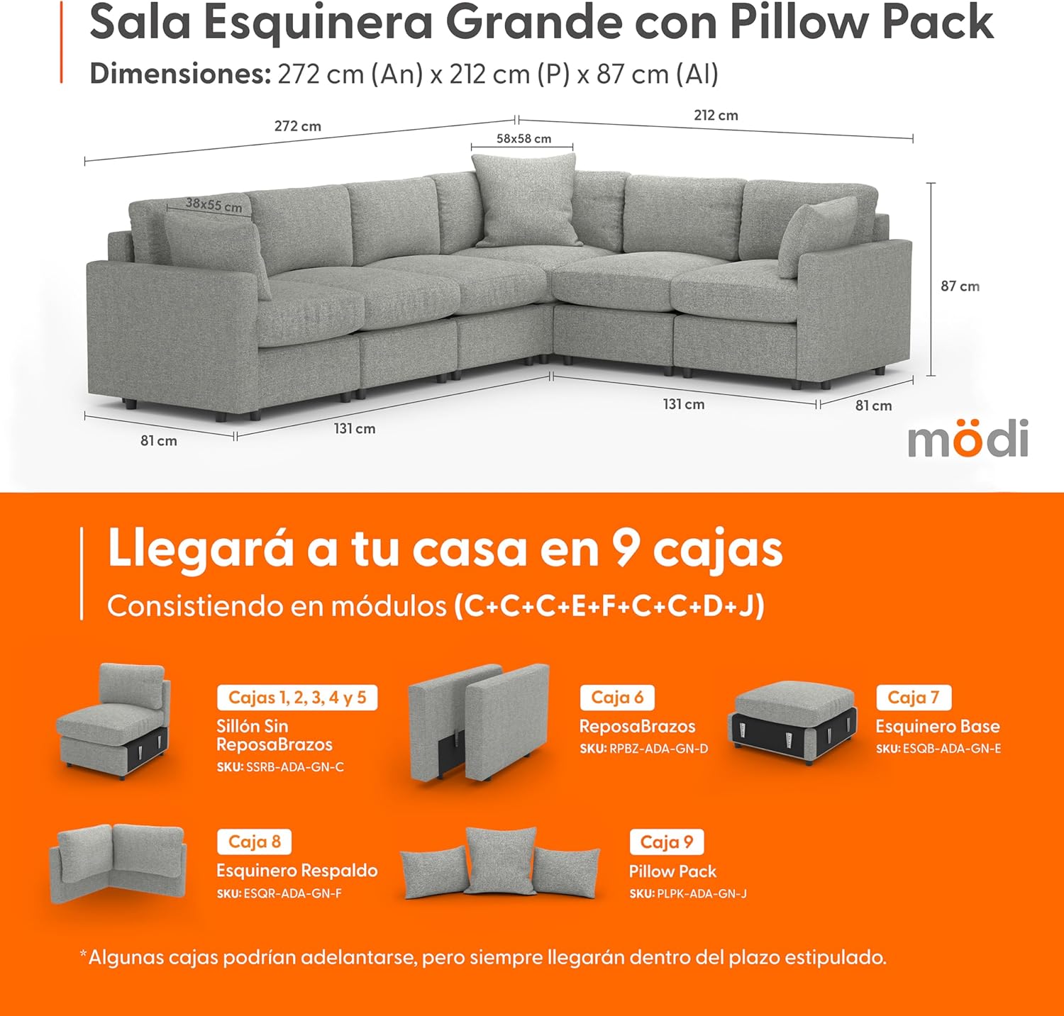 MODISOFA - Sofá Sala Esquinera Modular con Otomano | 6 Plazas | Beige | + Pillow Pack | Fácil de Ensamblar y Adaptable | Envío Gratis