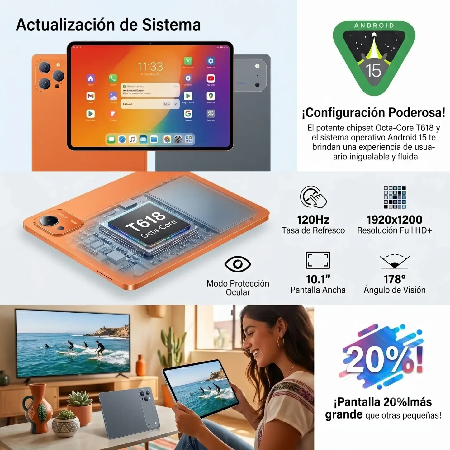Tablet 10.1" Android 15 Rendimiento Fluido | Octa-Core | 16GB+256GB | Pantalla HD | 10000mAh | WiFi 5G | Accesorios Incluidos