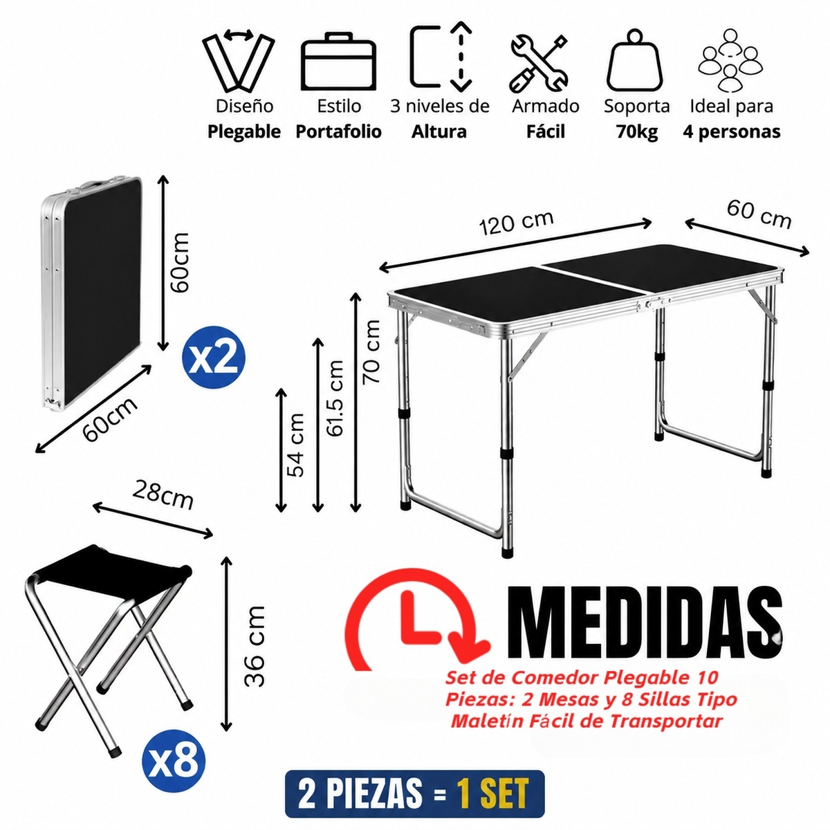 Set de Comedor Plegable 10 Piezas: 2 Mesas y 8 Sillas Tipo Maletín Fácil de Transportar