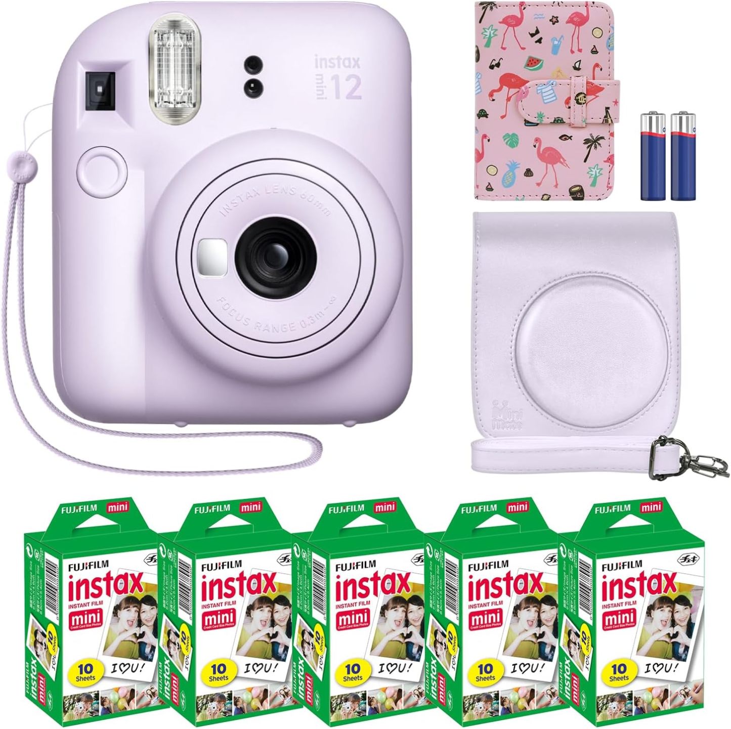 Fujifilm Instax Mini 12 c¨¢mara instant¨¢nea + paquete de accesorios MiniMate y funda personalizada compatible + Fuji Instax Film Value Pack (50 hojas) lbum de fotos de diseo flamenco (verde menta)