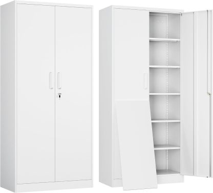 Yizosh - Gabinete de almacenamiento de metal con 2 puertas y 5 estantes ajustables, archivador de acero de 71 pulgadas, gabinetes de herramientas de bloqueo para oficina, hogar, cochera, gimnasio,