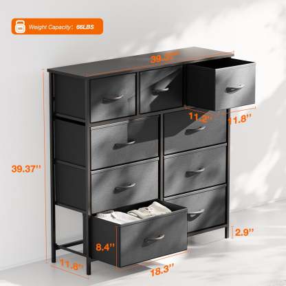Yanming Cómoda de Tela con 9 cajones, Estructura de Acero y Tapa de Madera para Dormitorio, Armario, Entrada