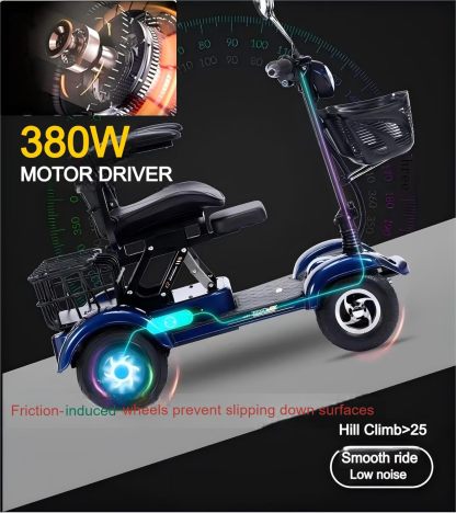 Scooters Eléctricos de 4 Ruedas,Silla de Ruedas Eléctrica Móvil para Adultos Mayores Scooters Eléctricos Plegables de 380W para Adultos Mayores,48v20ah Carga: 200kg(440lb) Autonomía hasta 25 Millas (Azul /Motor doble)