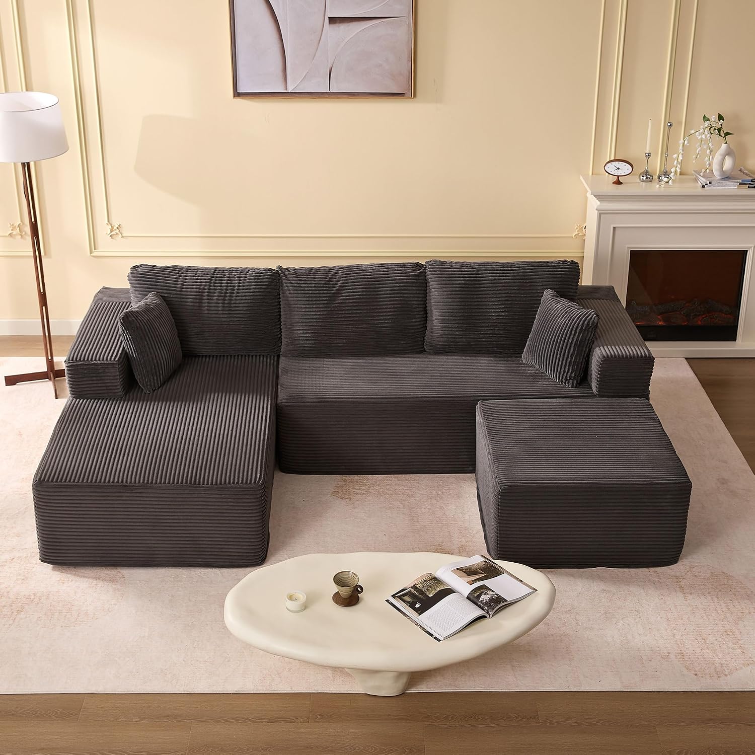 🛋️ Afuson Sofá Modular Seccional en Forma L de 107 Pulgadas, Asiento Profundo, Tapicería de Pana, Sin Montaje, Diseño Deshuesado para Sala de Estar
