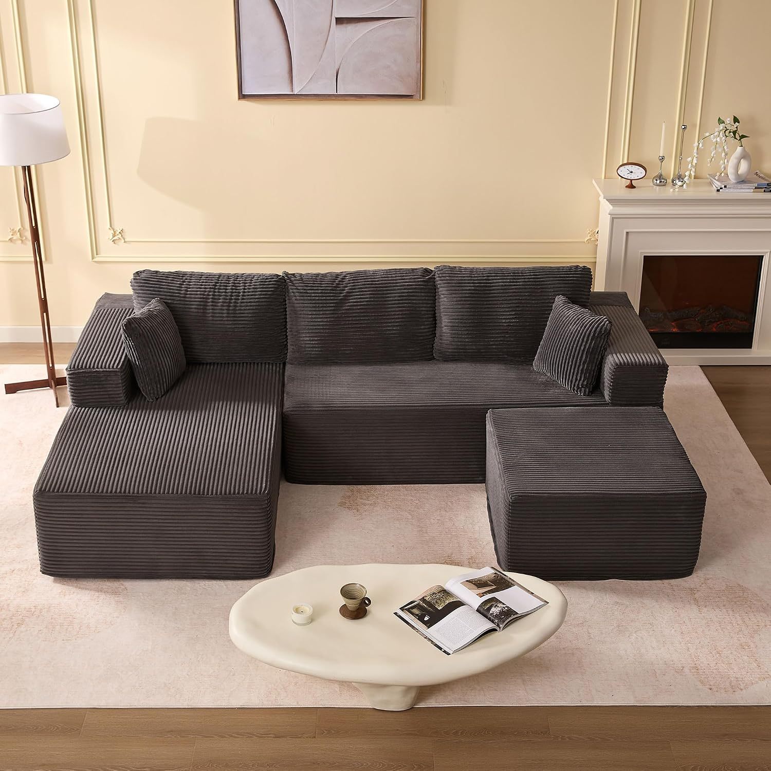 🛋️ Afuson Sofá Modular Seccional en Forma L de 107 Pulgadas, Asiento Profundo, Tapicería de Pana, Sin Montaje, Diseño Deshuesado para Sala de Estar